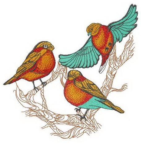 Three bullfinches on tree machine embroidery design