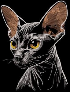 Desenho de bordado com fundo preto de gato Sphynx