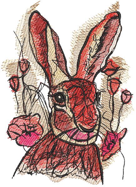 Rabbit among tulips machine embroidery design