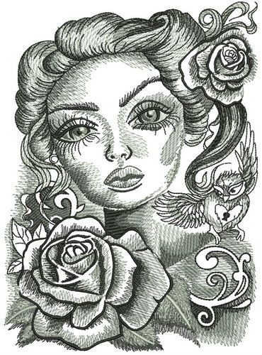 Romantic beauty with big eyes machine embroidery design