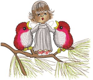 Snow angel sings songs with birds embroidery design