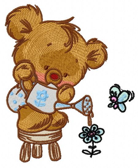 Teddy with watering can machine embroidery design      