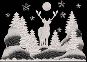 Reindeer in winter pine forest embroidery design