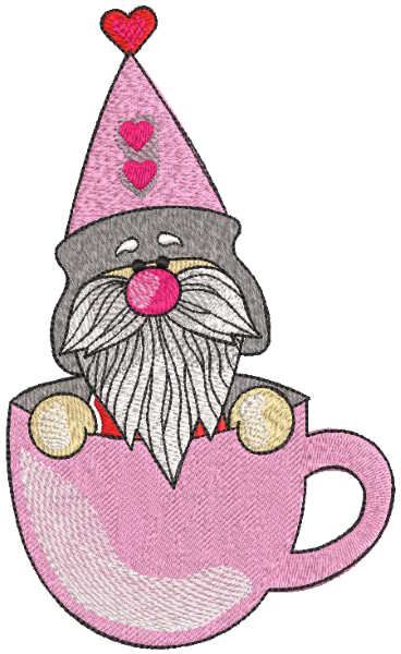 Romantic gnome in pink mug embroider design