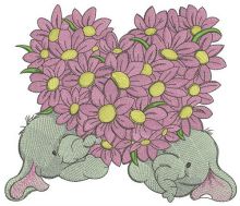 Elephants with flower heart embroidery design