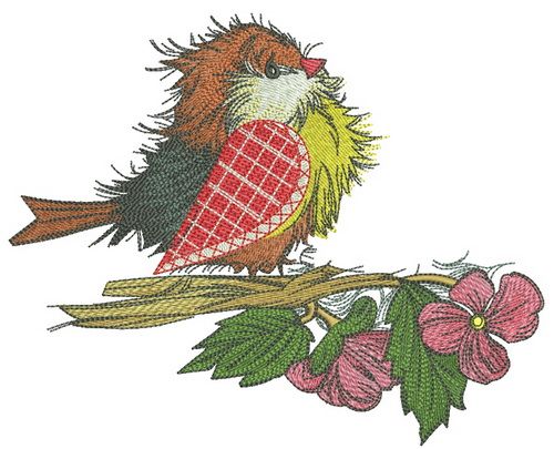 European robin with pink flowers machine embroidery design