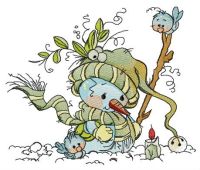 Snowman looks at candle embroidery design