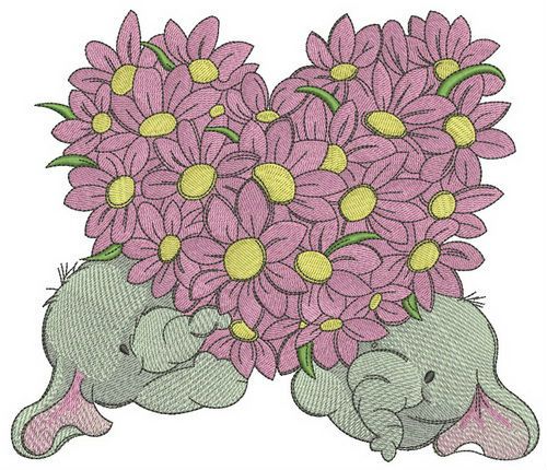 Elephants with flower heart machine embroidery design