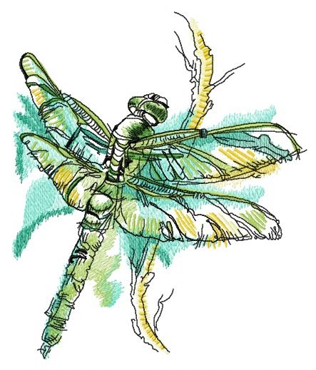 Dragonfly on bush branch machine embroidery design