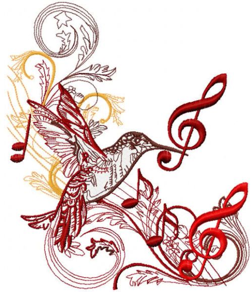 Musical humming-bird machine embroidery design