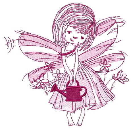 Fairy with watering can sketch machine embroidery design