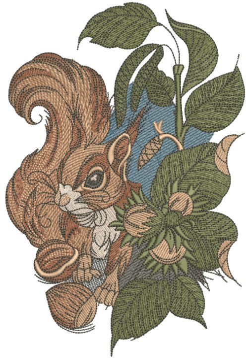 Squirrel with hazelnut machine embroidery design
