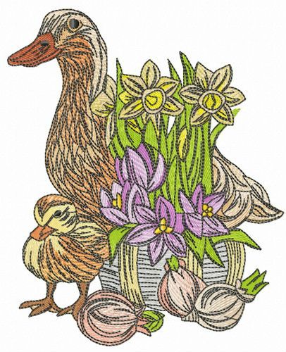 Duck family and daffodils machine embroidery design