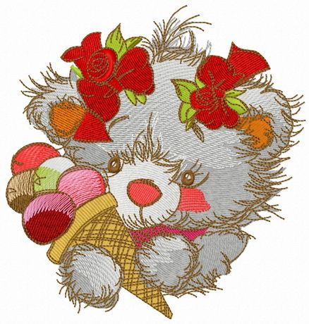 Teddy bear with ice cream machine embroidery design