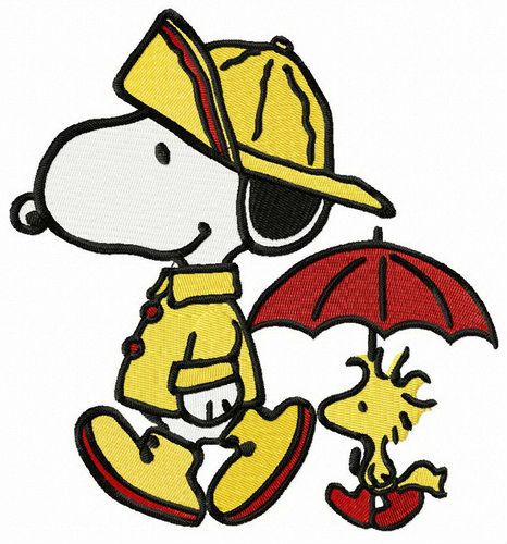Snoopy and Woodstock walking under rain machine embroidery design