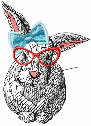 Clever rabbit with blue bow machine embroidery design