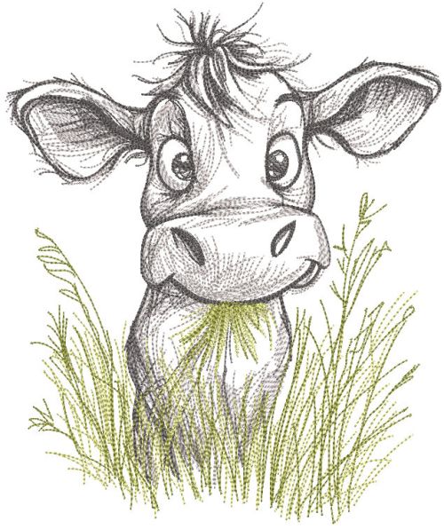 Calf chewing grass sketch embroidery design