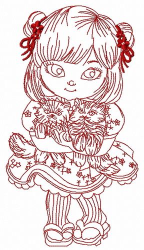 Japanese girl with cats 2 machine embroidery design