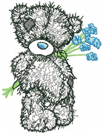 Tatty Teddy Bear with blue flowers applique machine embroidery design