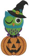 Owl sitting on a pumpkin embroidery design