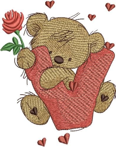 Cute teddy bear with v embroidery design