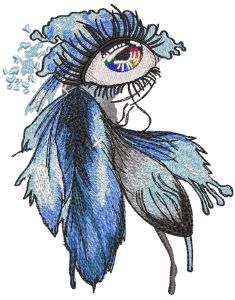 Rainbow female eye framed by feathers