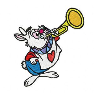 White Rabbit plays trumpet embroidery design