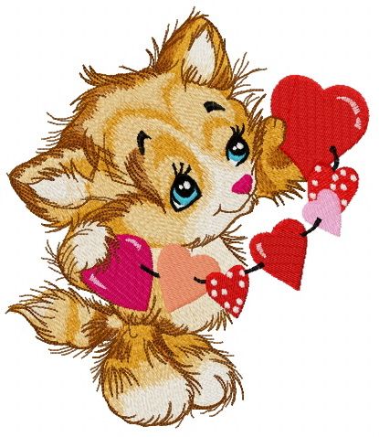 Kitten with garland of hearts machine embroidery design