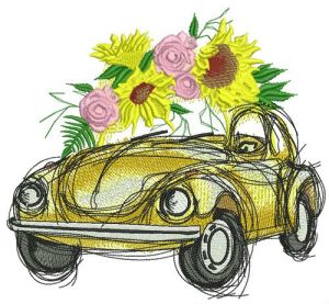 Yellow car with sunflowers embroidery design
