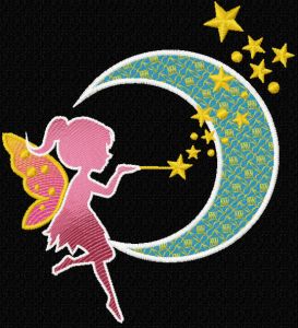 Fairy crescent moon magic wand embroidery design