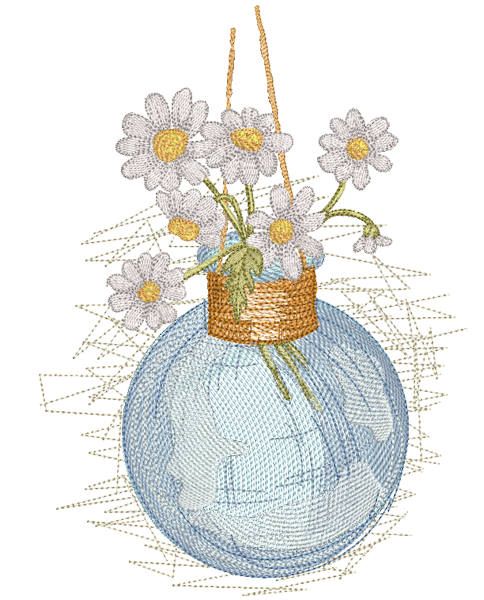 Daisies in a glass hanging vase embroidery design