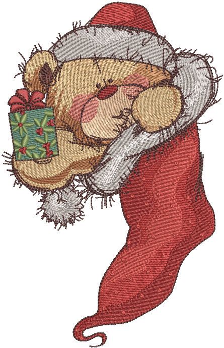 Teddy in Christmas sock embroidery design 2