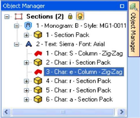 Object manager with texts in Embroidery software