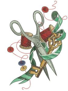Scissors, ribbon, key and threads embroidery design