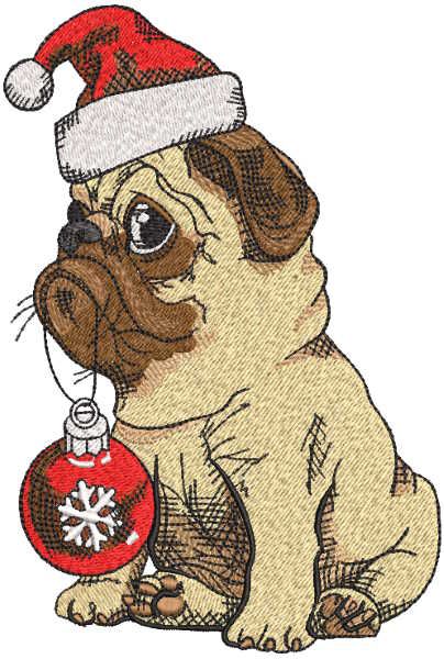 Bulldog in santa hat and christmas ball embroidery design.