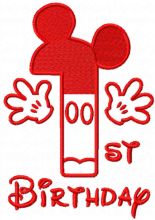 First birthday Mickey red color embroidery design
