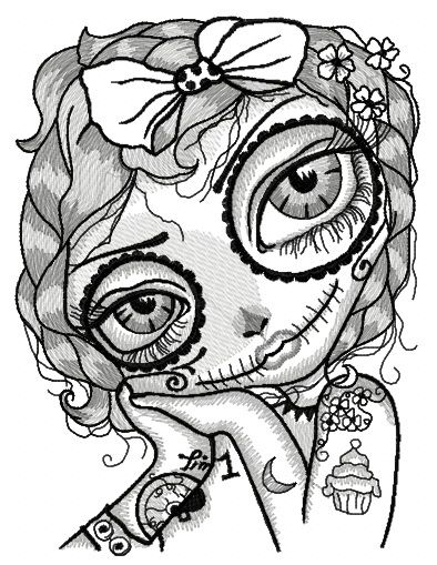 Dead girl with cupcake tattoo machine embroidery design