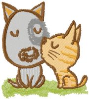 Kitten kissing puppy embroidery design