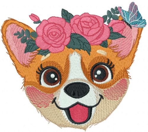 Corgi muzzle with flower wreath embroidery design
