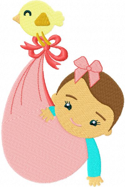 Baby in diaper carried by bird free embroidery design