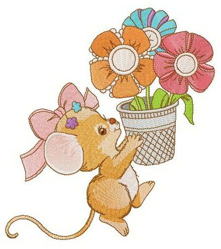 Mousekin with flower pot machine embroidery design