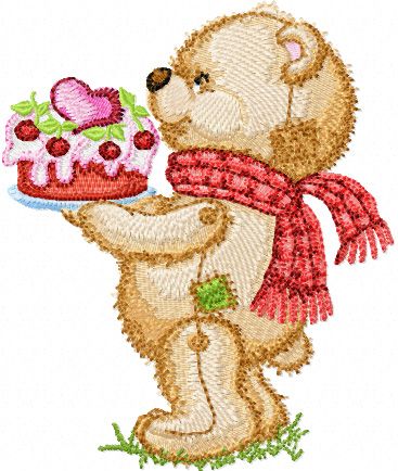 Teddy Bear with Cake machine embroidery design