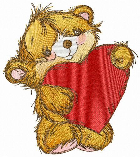Fluffy bear with heart pillow machine embroidery design