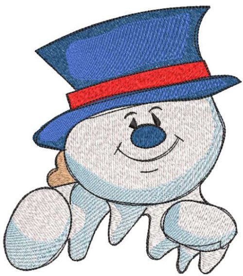 Cheerfu snowman in blue top hat embroidery design