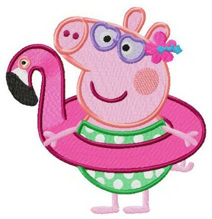 Peppa Pig with flamingo swim ring machine embroidery design