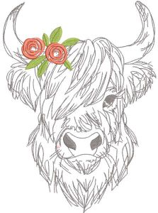 Highland-Kuh mit Rosen-Stickerei-Design