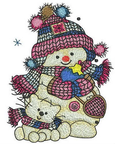 Snowman and snowcat machine embroidery design 