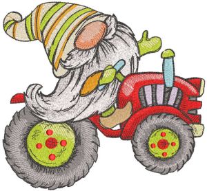 Spring gnome on a tractor embroidery design