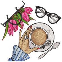 Morning coffee flowers newspaper reading embroidery design