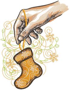 Hand holding a small Christmas Stocking embroidery design